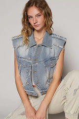 POL Assymetrical Front Closure Raw Hem Denim Vest OutfitFlow