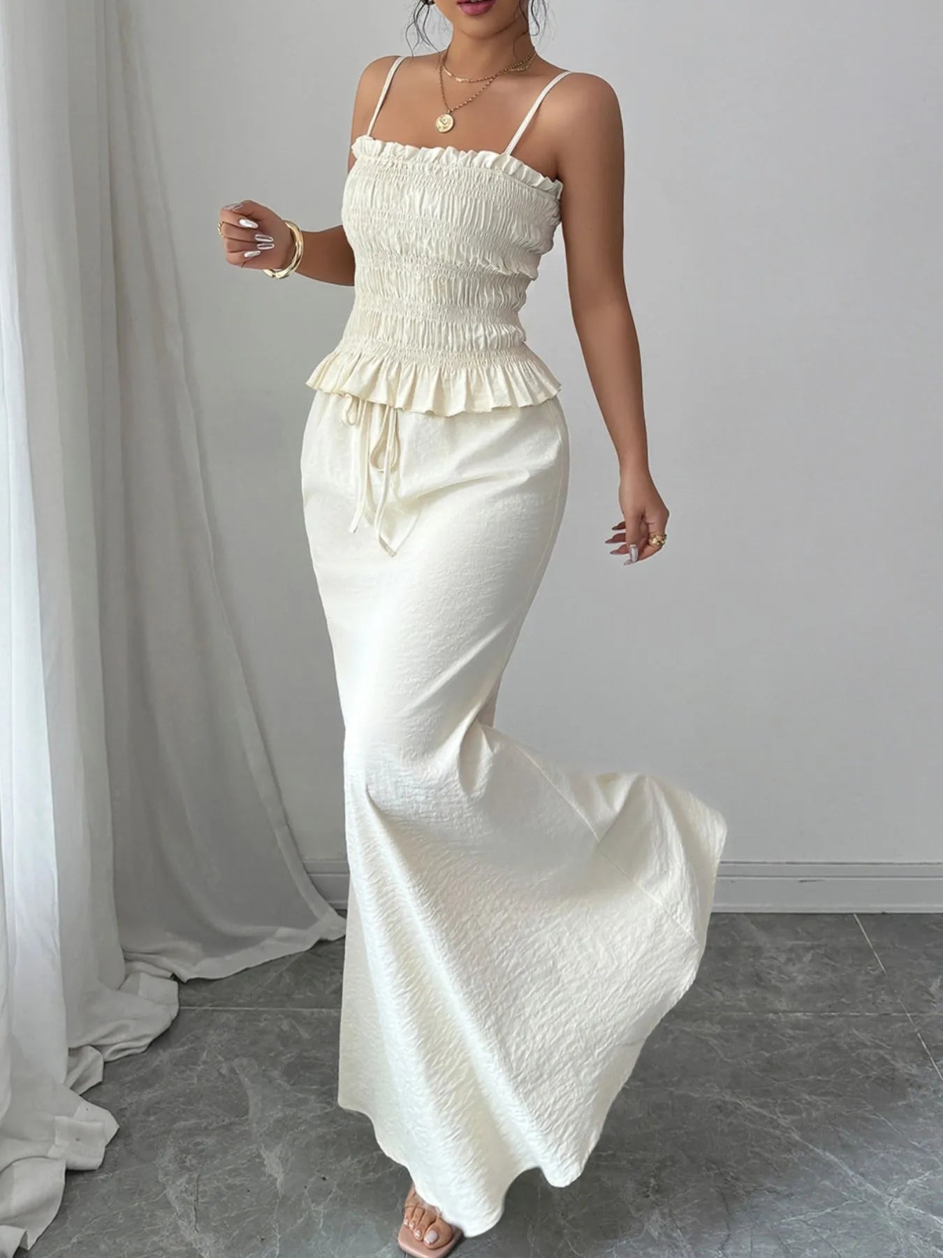 Smocked Ruffled Hem Cami and Maxi Skirt Set OutfitFlow