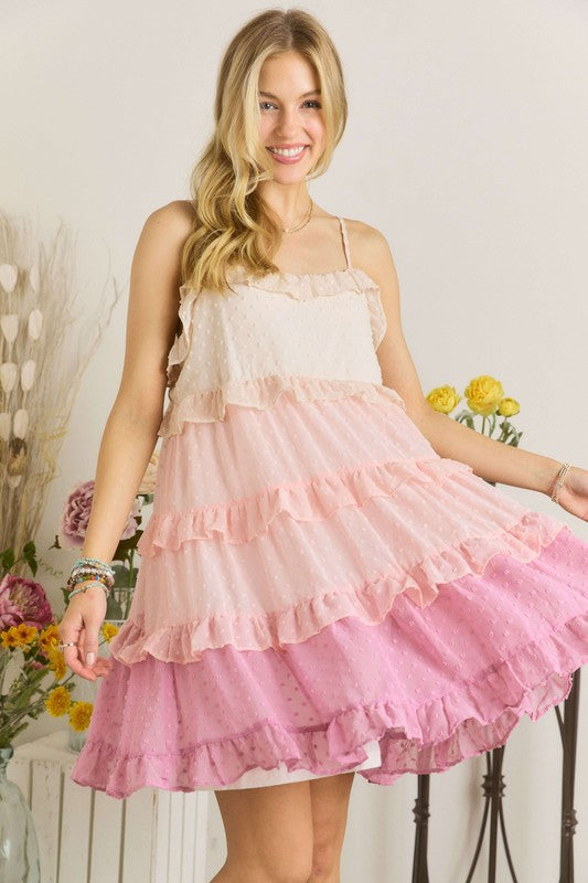 ADORA Swiss Dot Ruffled Tiered Mini Dress Mauve Multicolor OutfitFlow