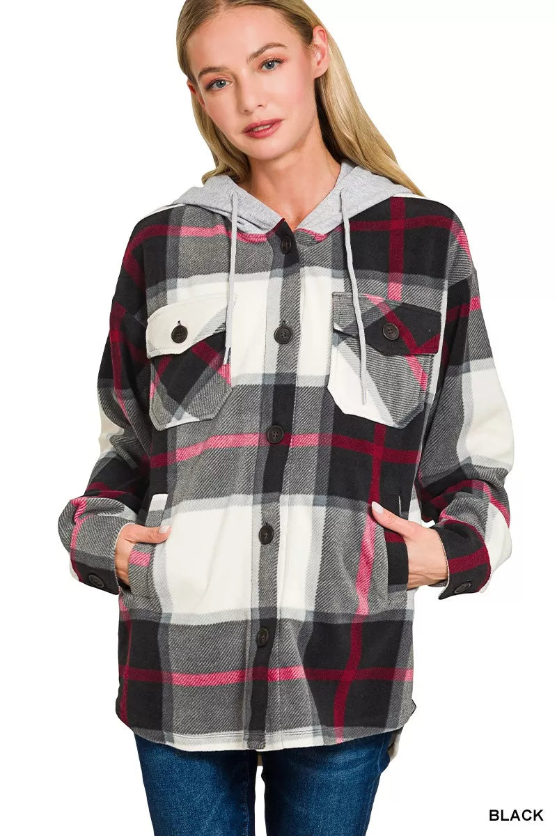 Zenana Plaid Drawstring Hooded Fleece Shacket BLACK OutfitFlow