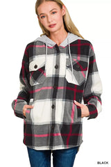 Zenana Plaid Drawstring Hooded Fleece Shacket BLACK OutfitFlow