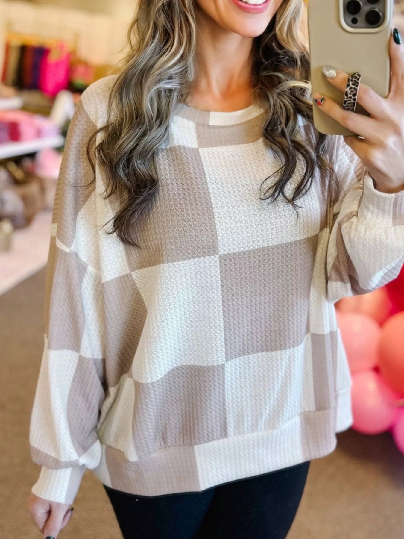 Checkered Breathable Textured Long Sleeve Top OutfitFlow