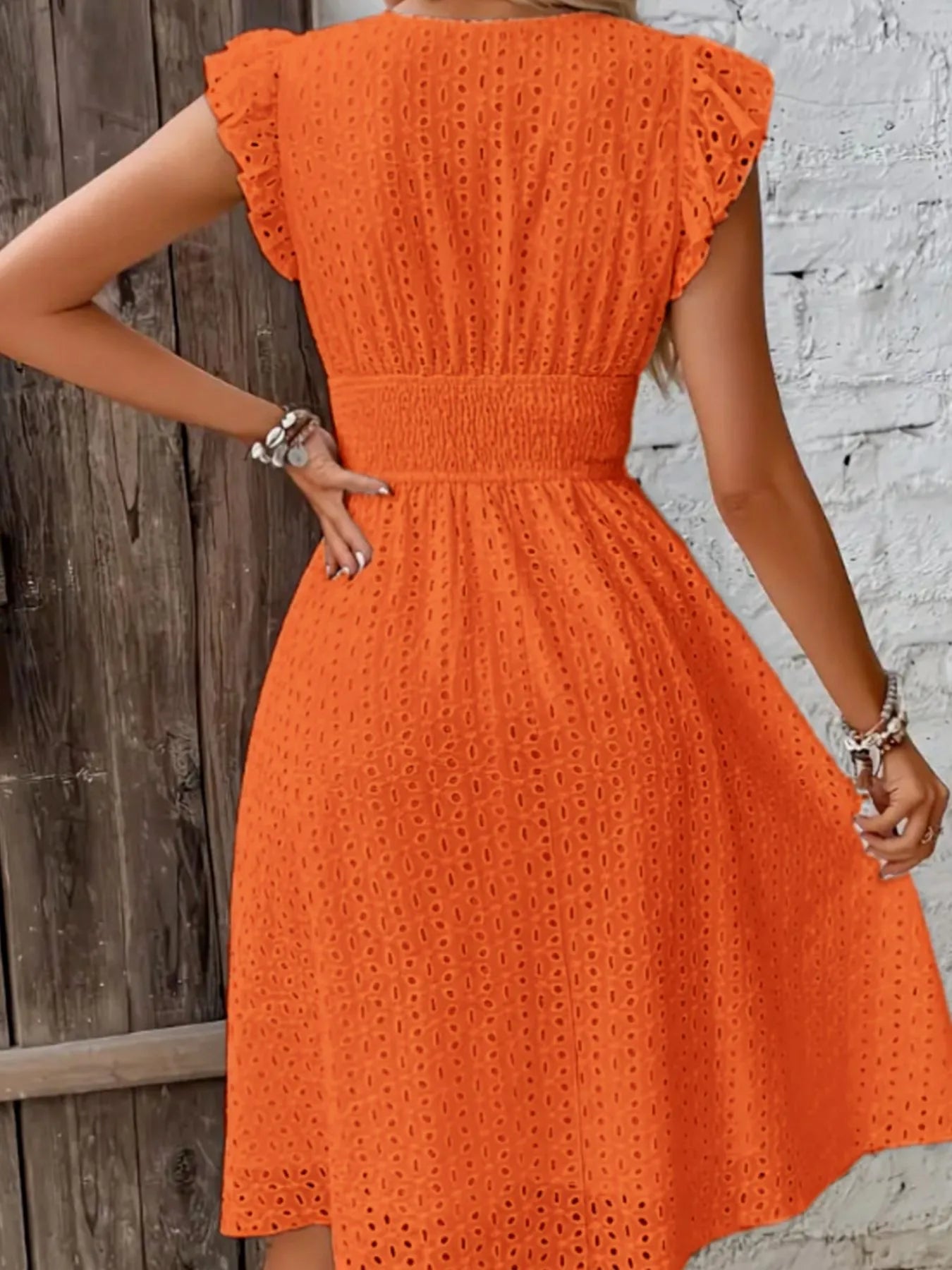 Eyelet Ruffled Cap Sleeve Mini Dress OutfitFlow