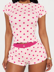 Heart Print Top and Shorts Loungewear Set OutfitFlow