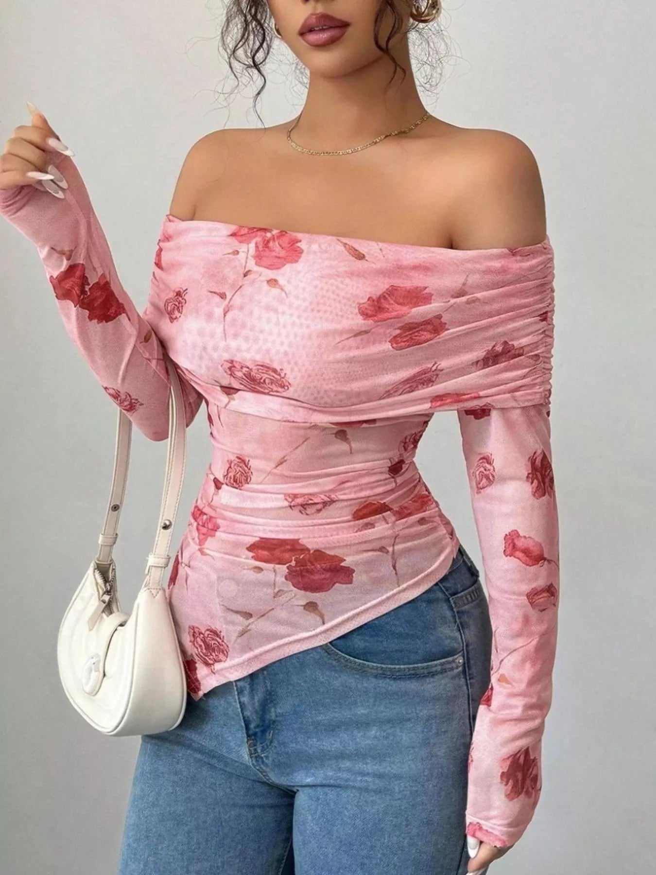 Floral Print Off-Shoulder Mesh Top OutfitFlow
