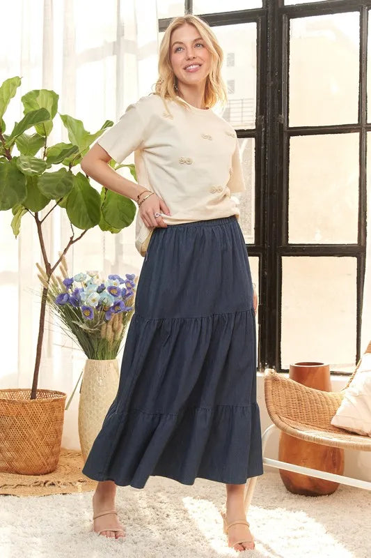 ADORA Waist Band Tiered Denim Maxi Skirt DK DENIM OutfitFlow