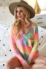 BiBi Tie Dye V-neck Terry Knit Top With Sequins OutfitFlow