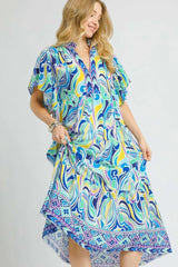 Umgee Printed Short Sleeve Tiered Midi Dress OutfitFlow