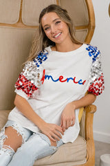 BiBi America Letter Applique Spangle Puff Sleeves Top OutfitFlow