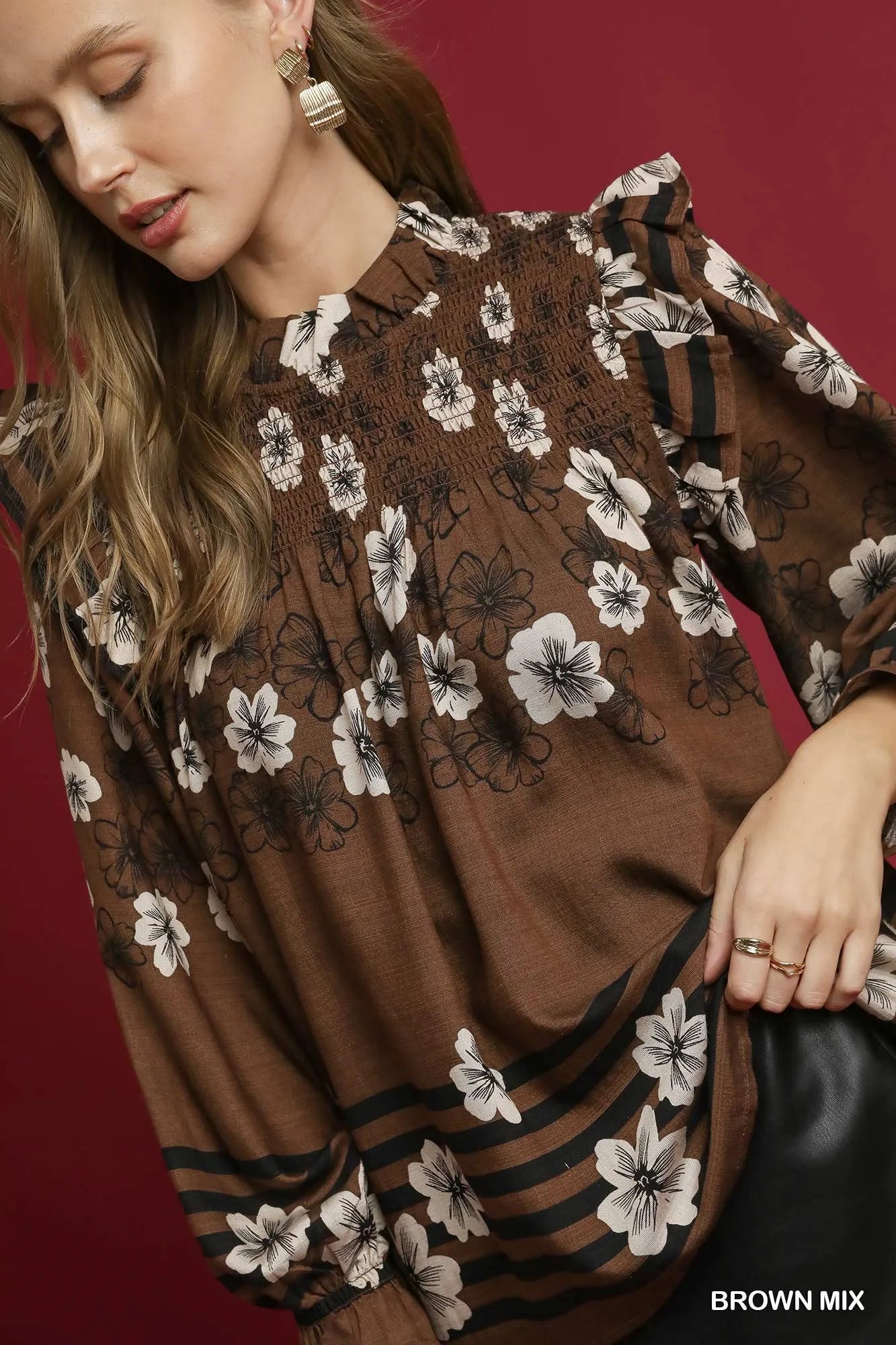 Umgee Full Size Mix Floral Smocked Ruffle Blouse Plus Size Trendsi