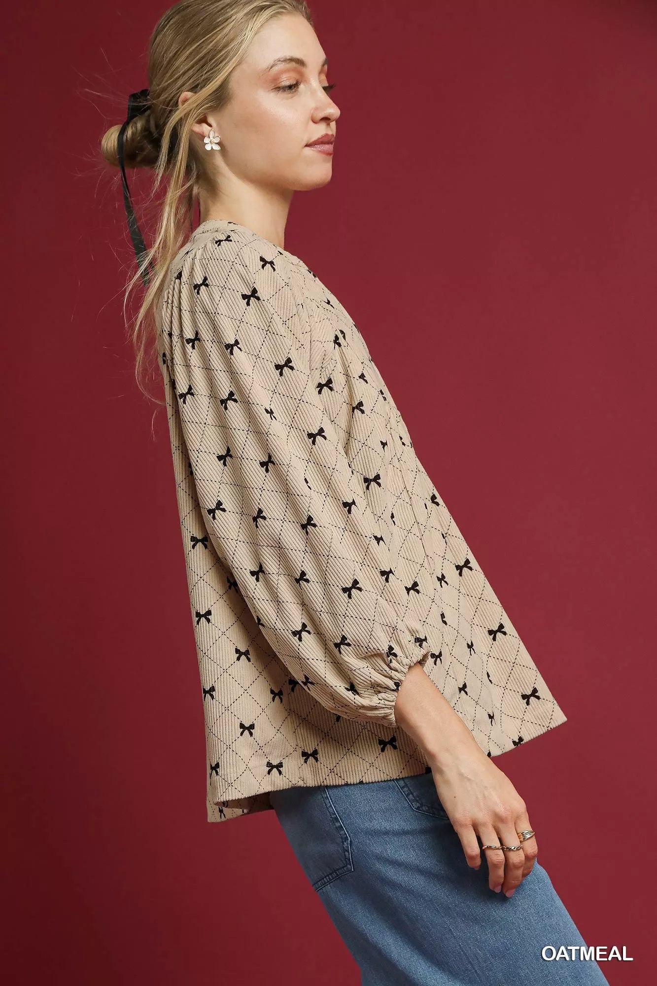 Umgee Corduroy Bow Print Balloon Sleeve Blouse Trendsi