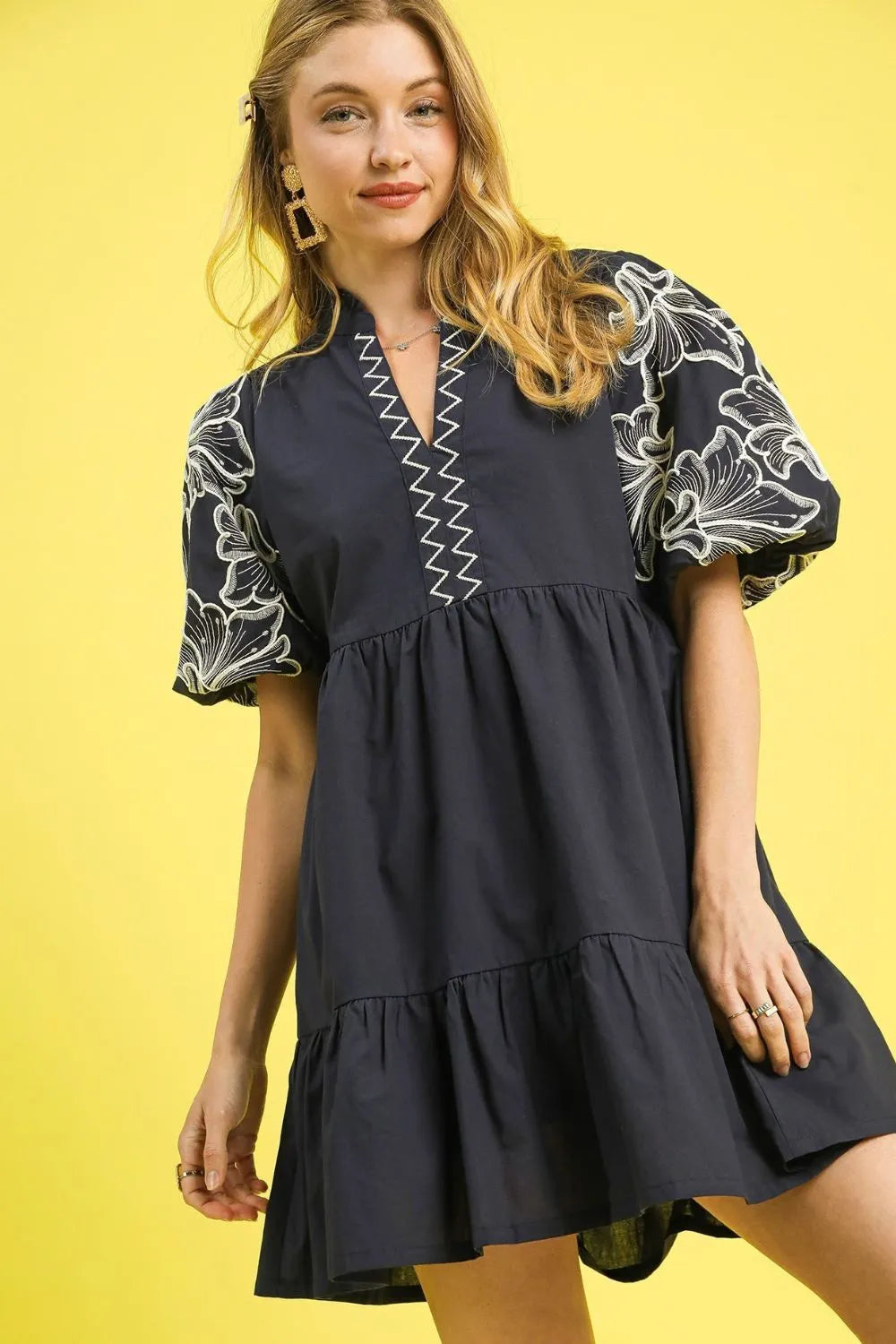 Umgee Tiered Embroidered Puff Sleeve Mini Dress Dark Gray OutfitFlow