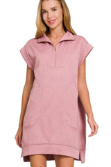 Zenana Textured Knit Jacquard Quarter Zipper Mini Dress LT ROSE OutfitFlow
