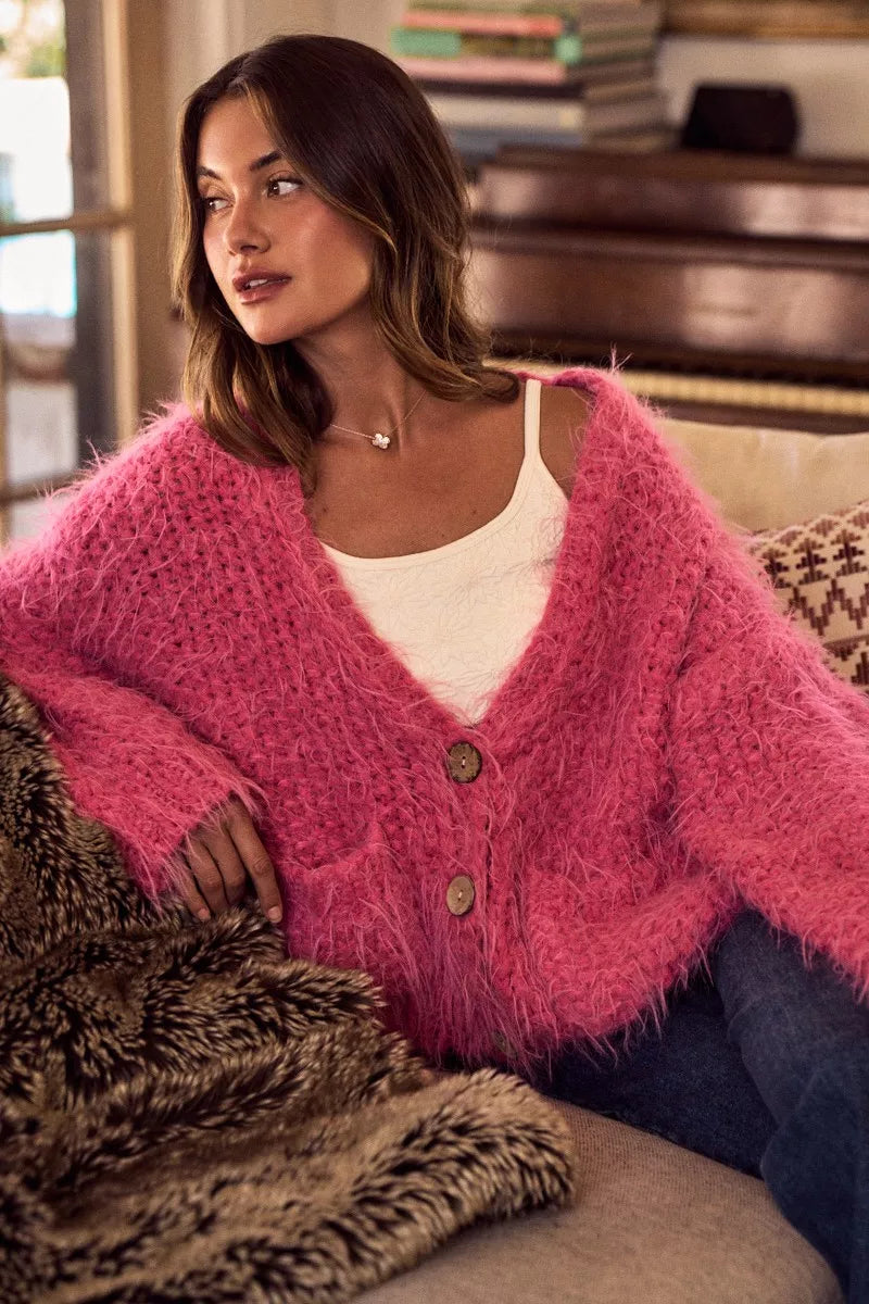 SO ME Soft Touch Hairy Loose Fit Cozy Sweater Cardigan OutfitFlow