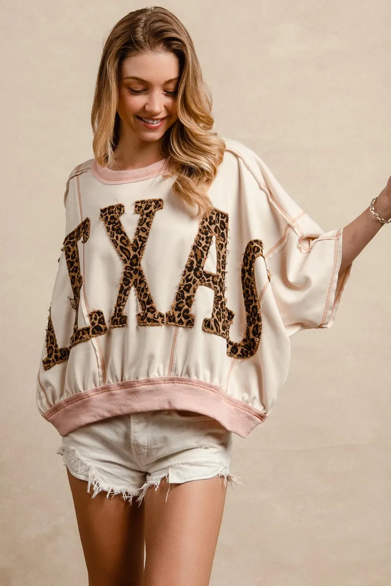 BiBi Leopard Print Texas Patchwork Overlock Stitch Top OutfitFlow