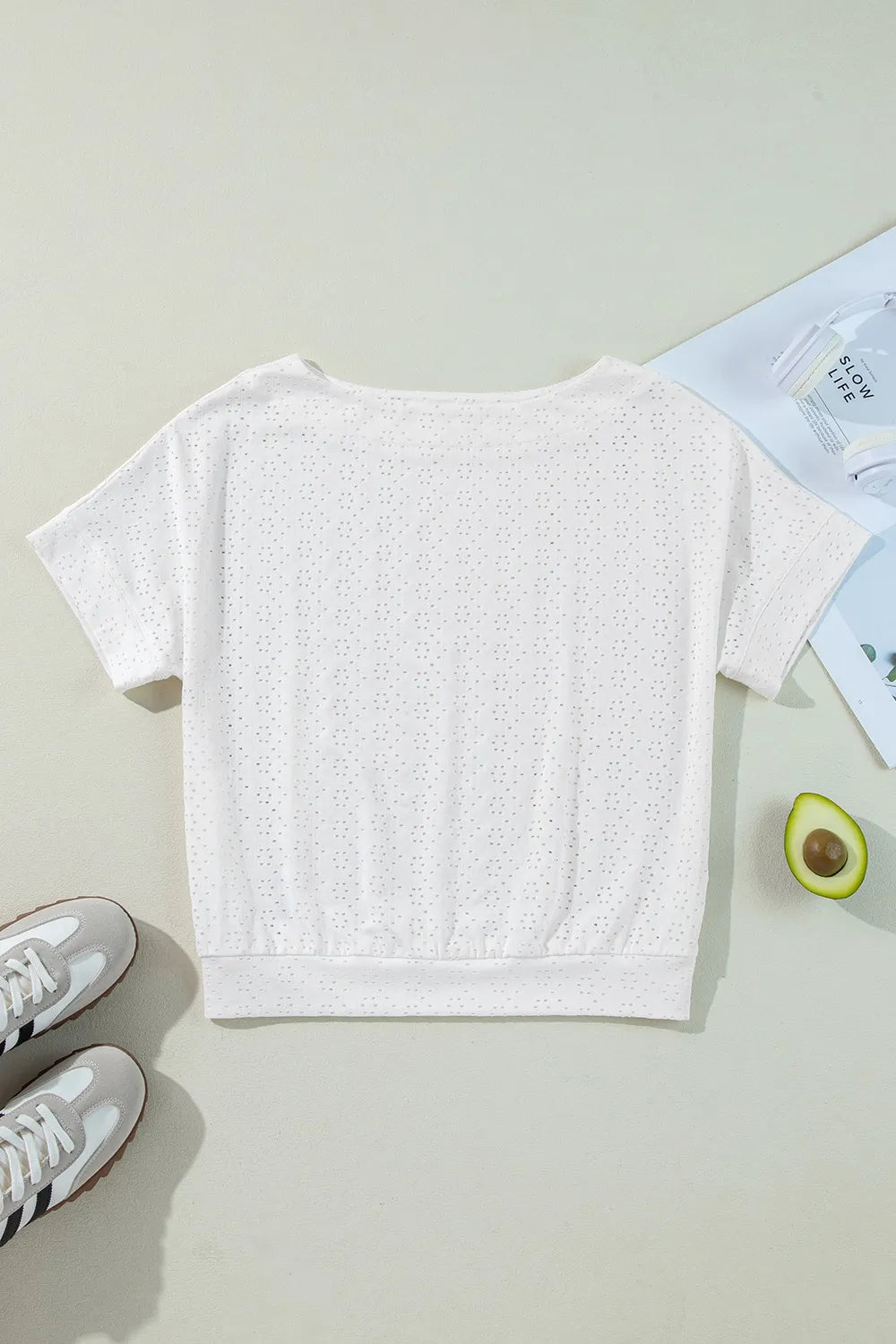 Eyelet Pattern Boat Neck Casual Tee OutfitFlow