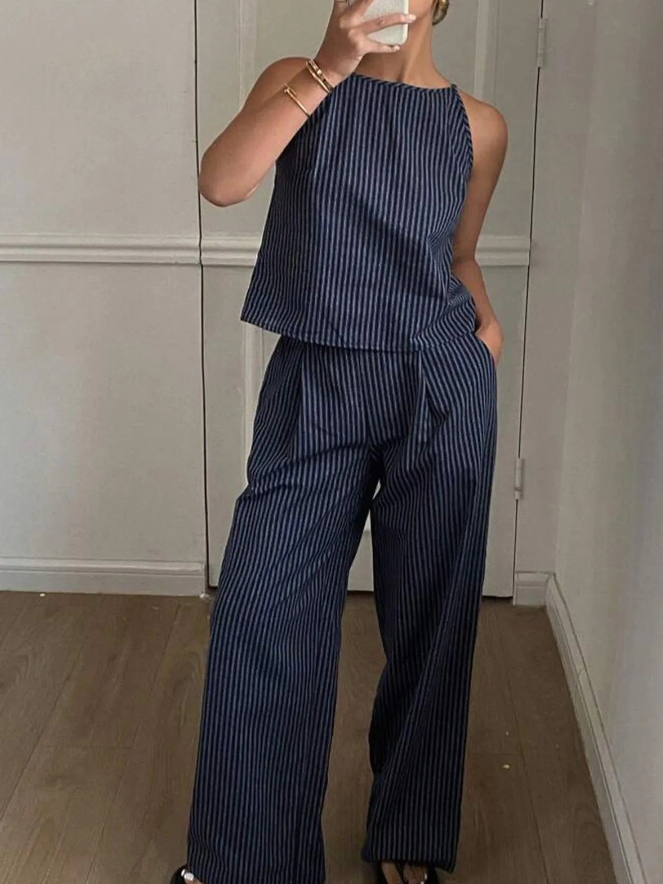 Striped Round Neck Tank and Wide Leg Pants Set OutfitFlow