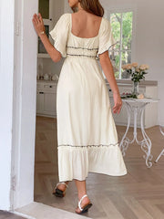 Square Neck Puff Sleeve Ruffle Trim Maxi Dress OutfitFlow