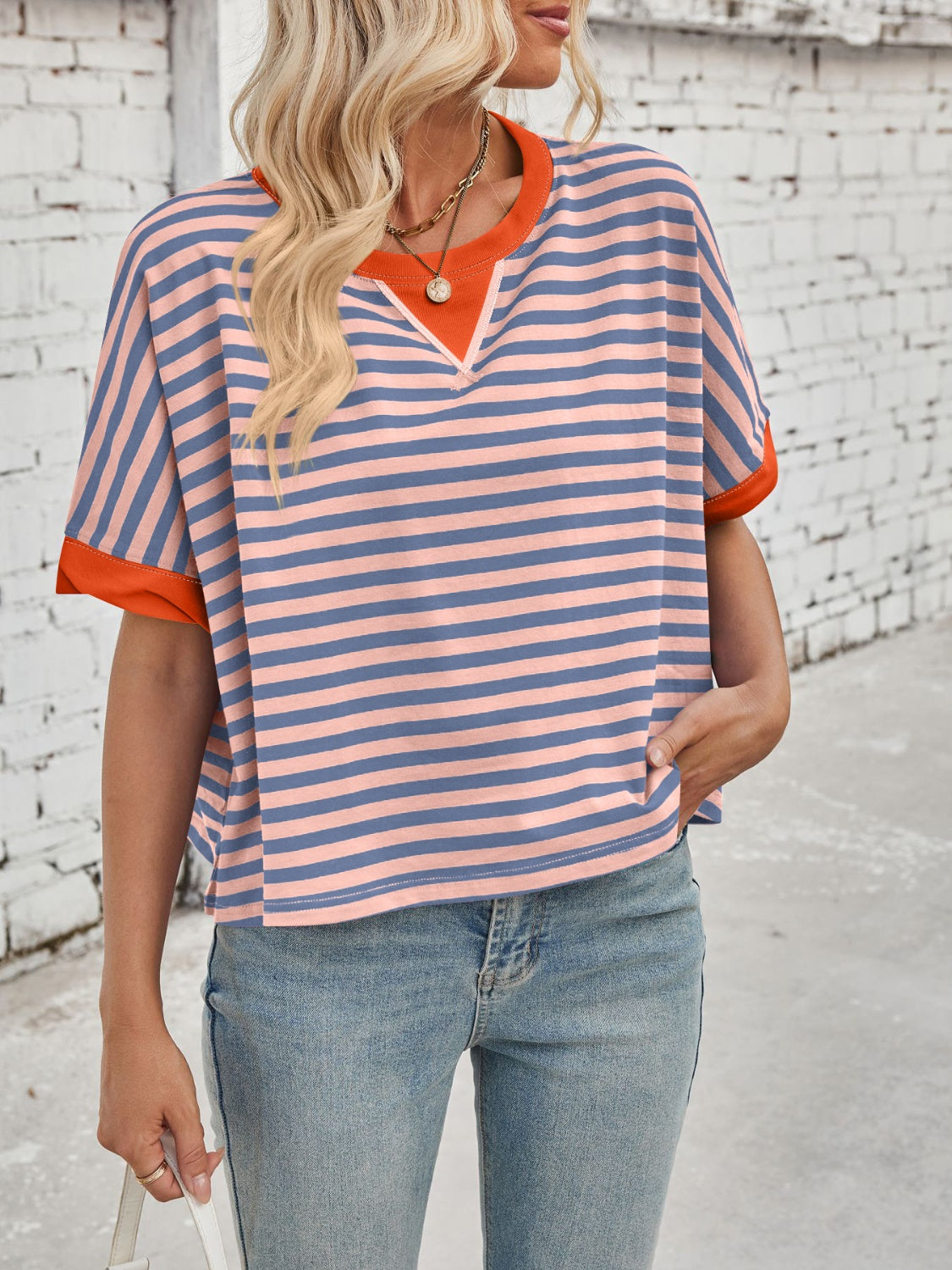 Outfit Flow - Lovelet Striped Round Neck Short Sleeve T-Shirt