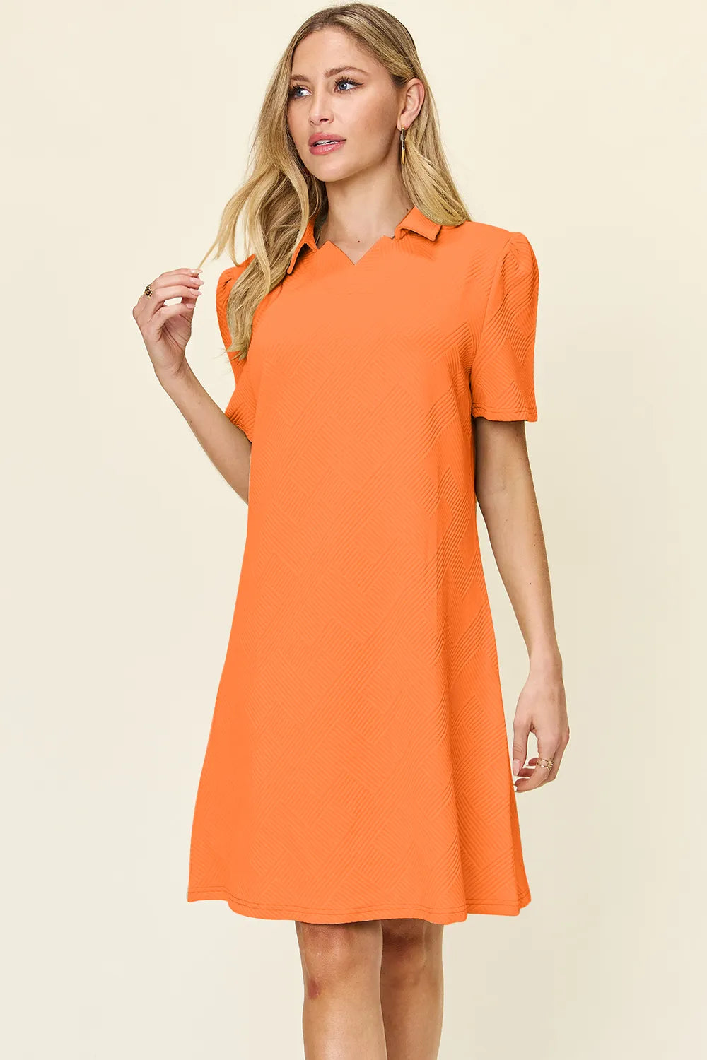 Double Take Full Size Texture Collared Neck Short Sleeve Dress Tangerine OutfitFlow