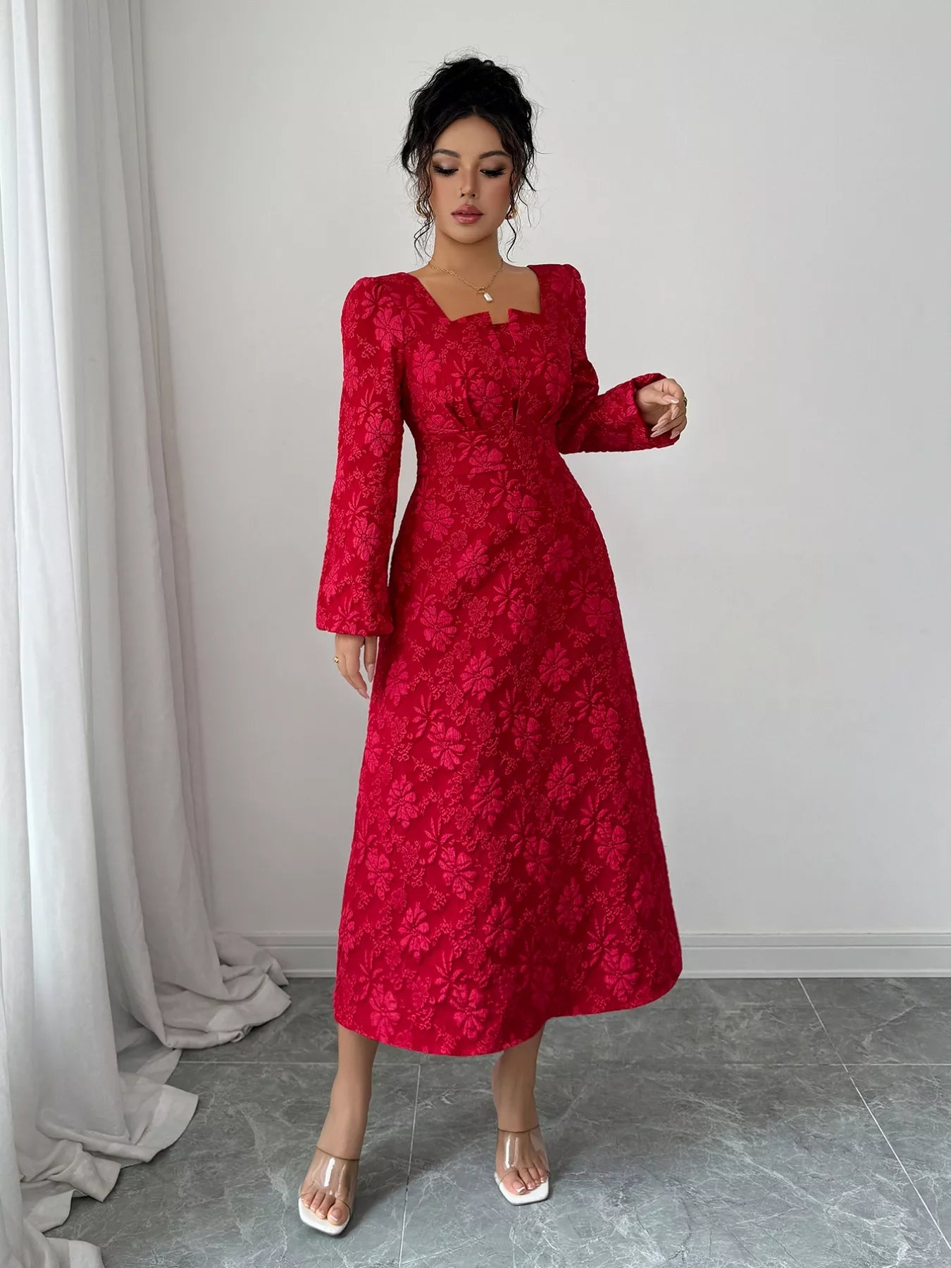 Floral Balloon Sleeve Midi Dress Trendsi