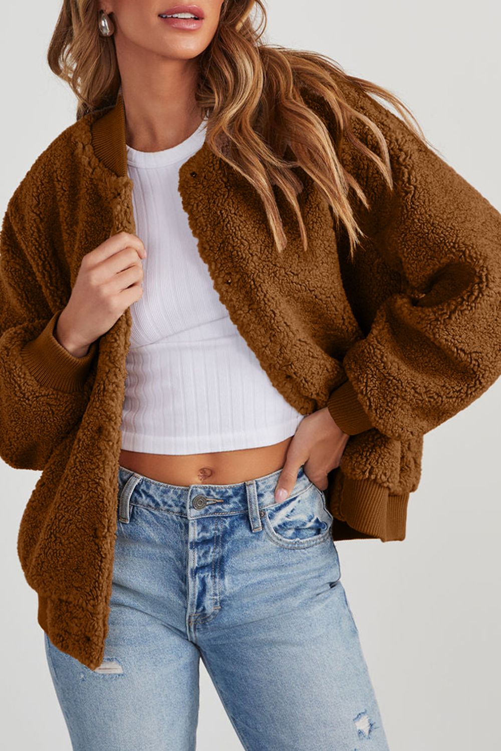 Outfit Flow - Baseball Collar Long Sleeve Sherpa Jacket