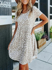 Leopard Print Short Sleeve Casual Dress Khaki OutfitFlow