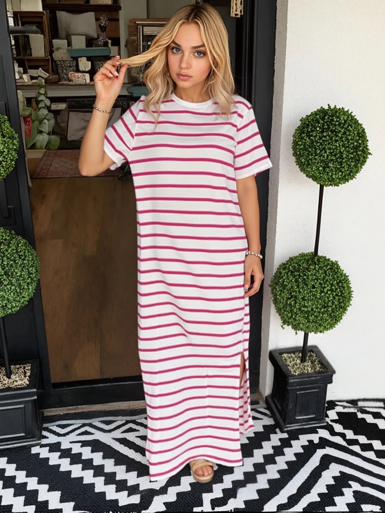 Full Size Striped T-Shirt Maxi Dress with Side Slit Plus Size OutfitFlow