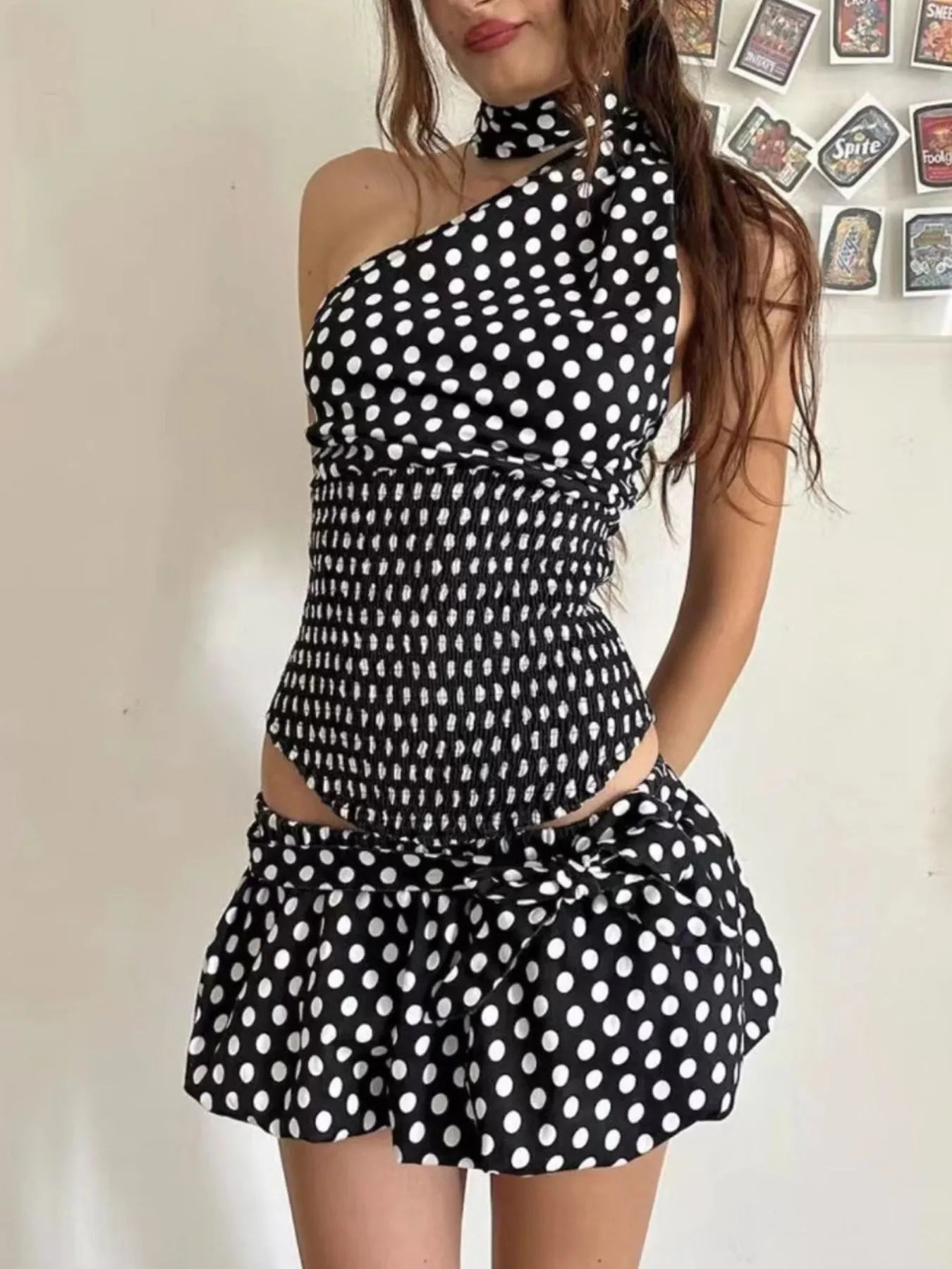 Polka Dot One-Shoulder Top and Mini Skirt Set OutfitFlow