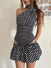 Polka Dot One-Shoulder Top and Mini Skirt Set OutfitFlow
