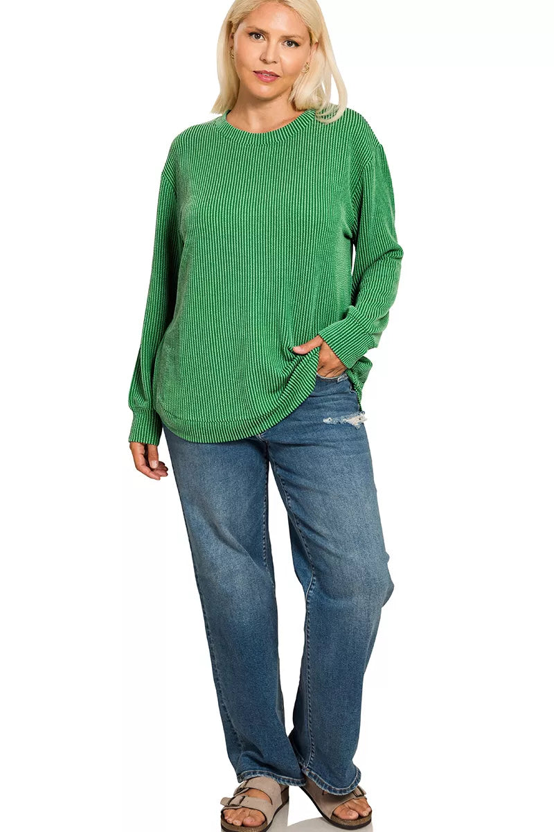 Zenana Full Size Raised Rib Round Neck Long Sleeve Top Plus Size OutfitFlow