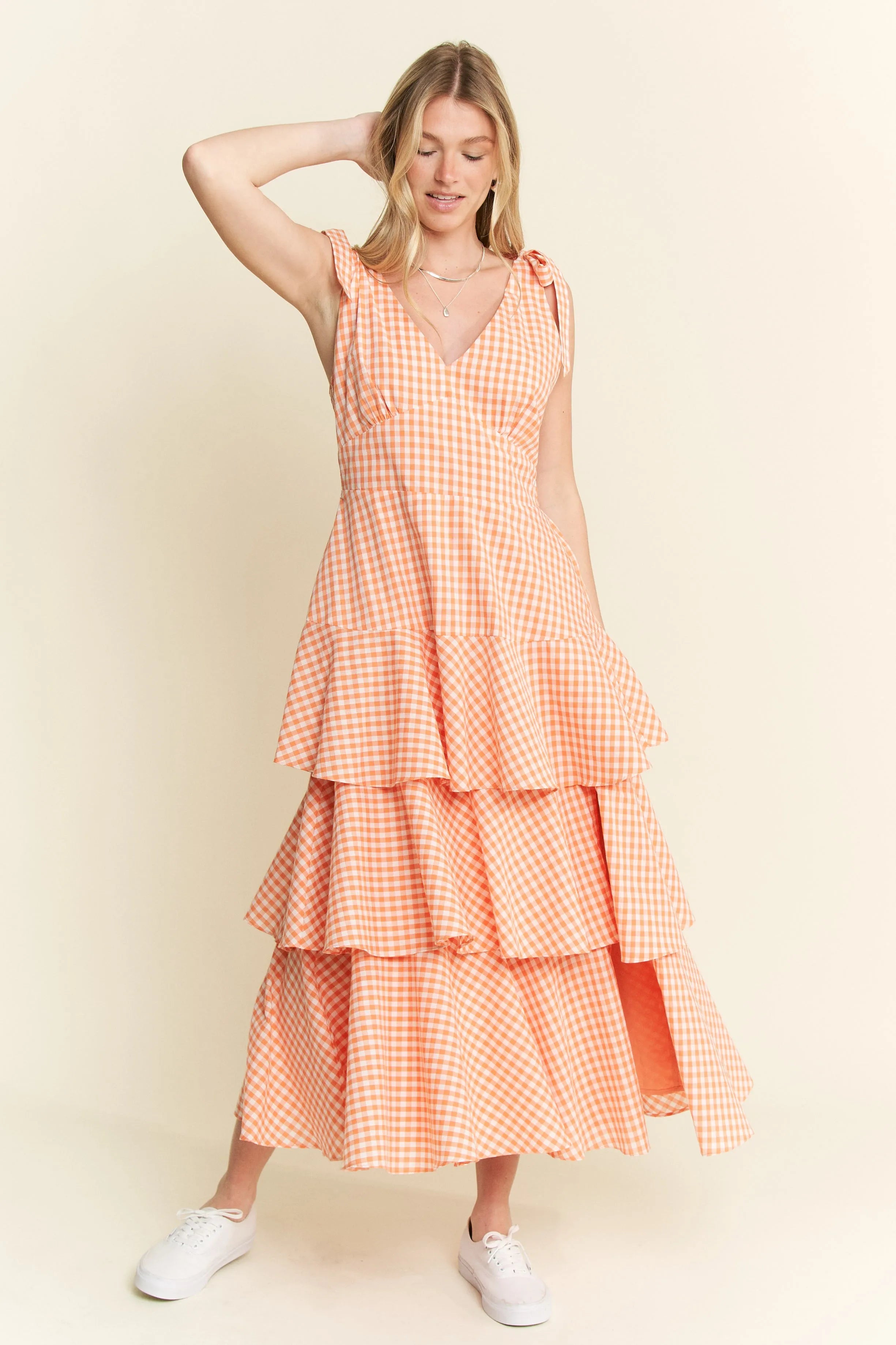 Jade By Jane Sleeveless Gingham Print Tiered Midi Dress OutfitFlow
