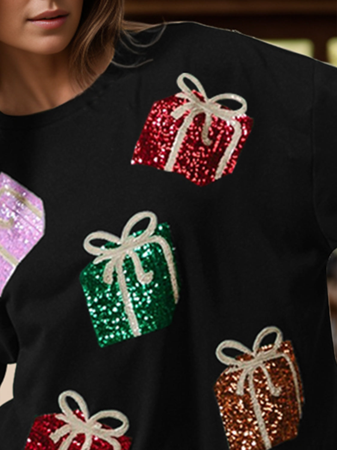 Outfit Flow - Sequin Gift Box Long Sleeve Sweatshirt