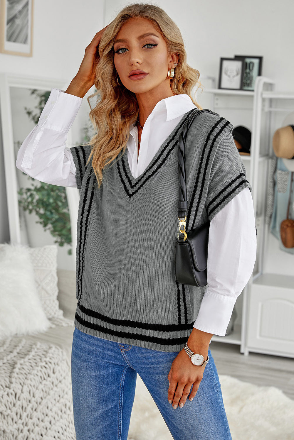 Outfit Flow - Striped Trim V-Neck Sweater Vest