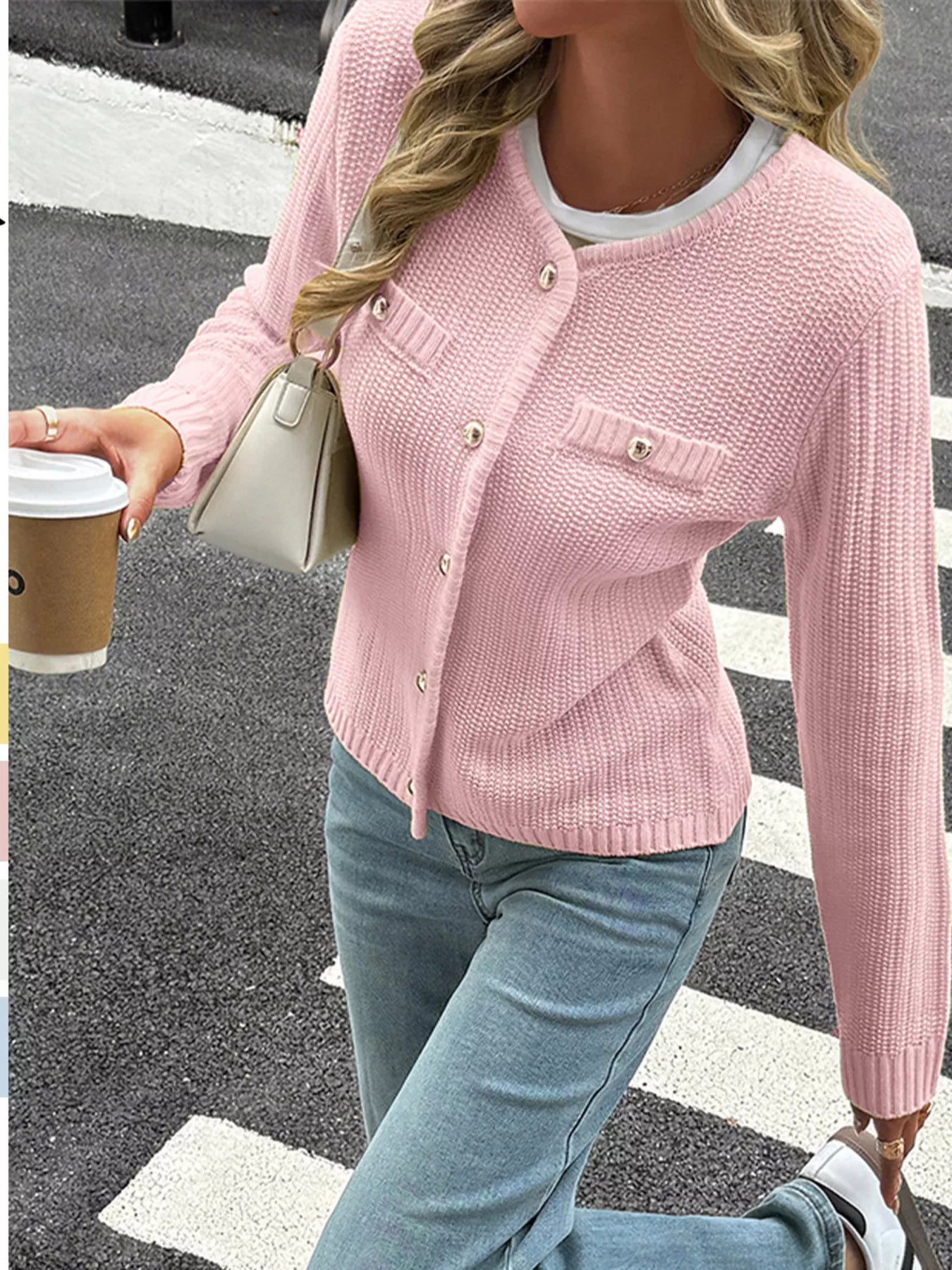 Button-Front Ribbed Long Sleeve Cardigan Pink OutfitFlow