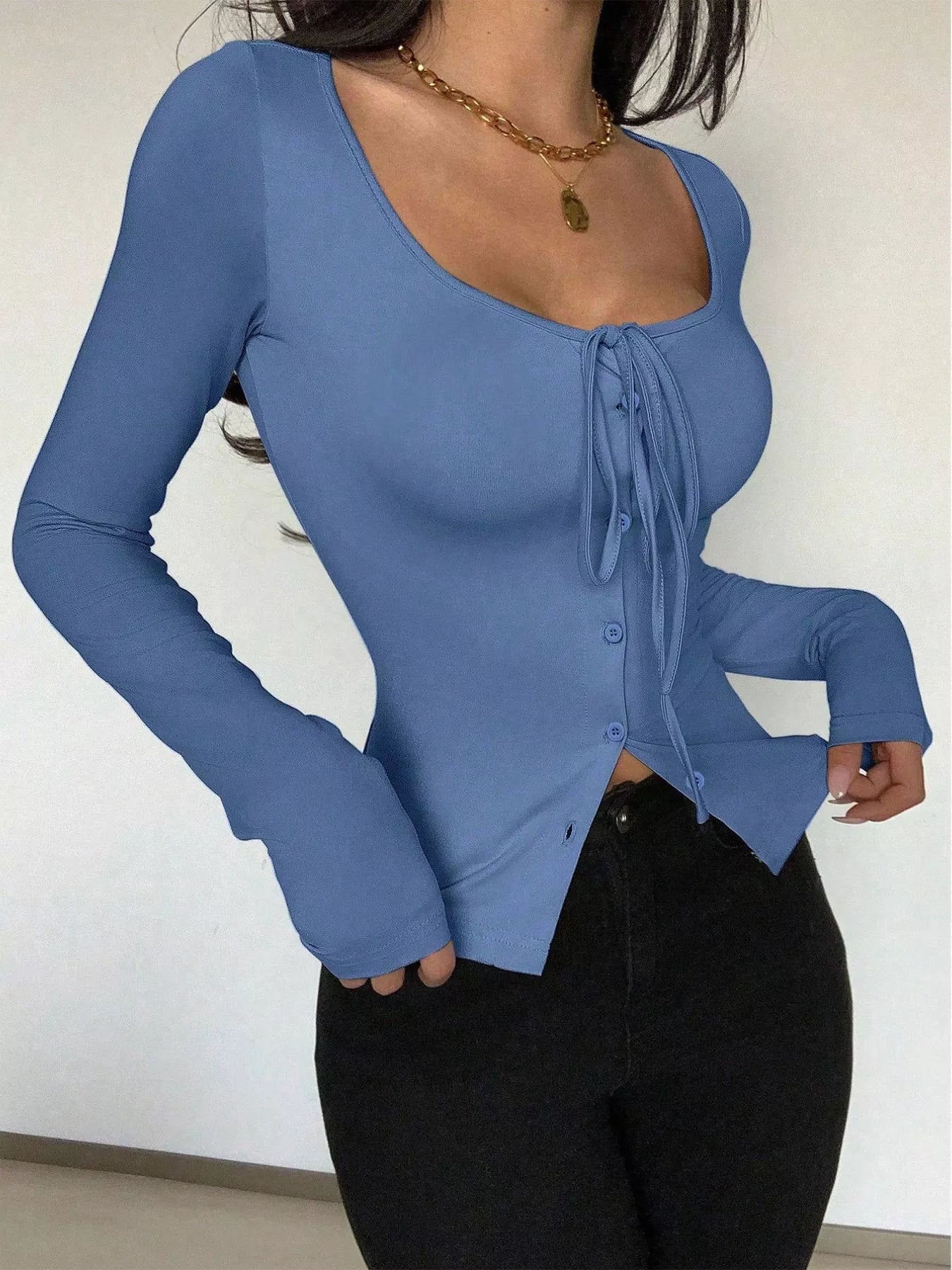 Long Sleeve Scoop Neck Tie Front T-Shirt OutfitFlow
