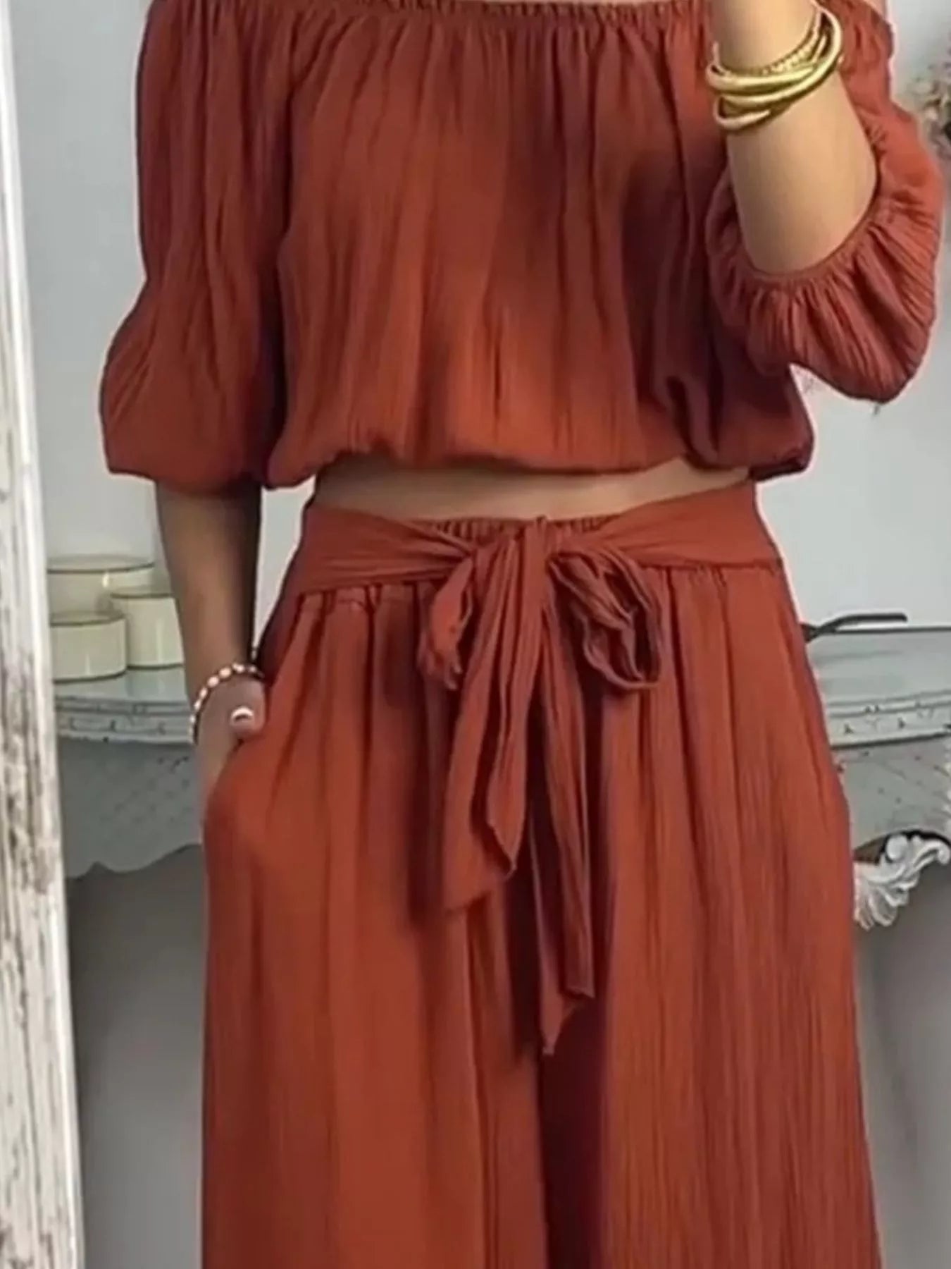 Full Size Off-Shoulder Top and Pants Set Plus Size OutfitFlow