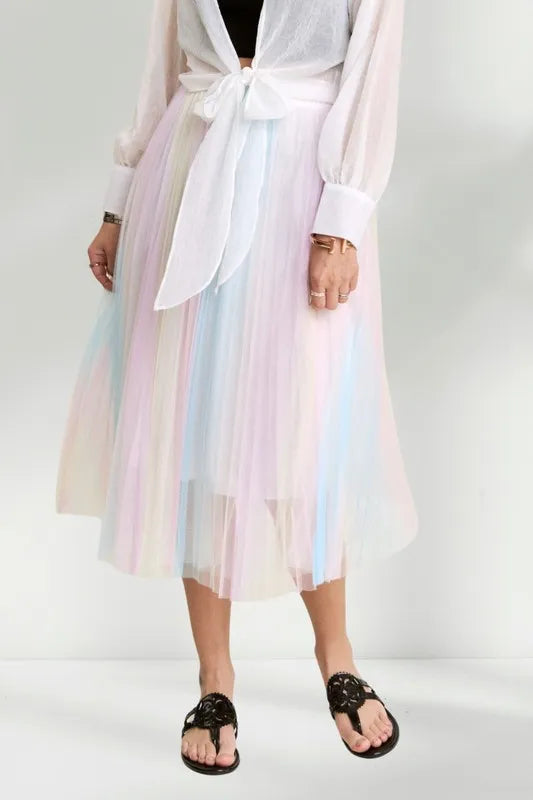 ADORA Unicorn Pleated Mesh Flare Midi Skirt OutfitFlow