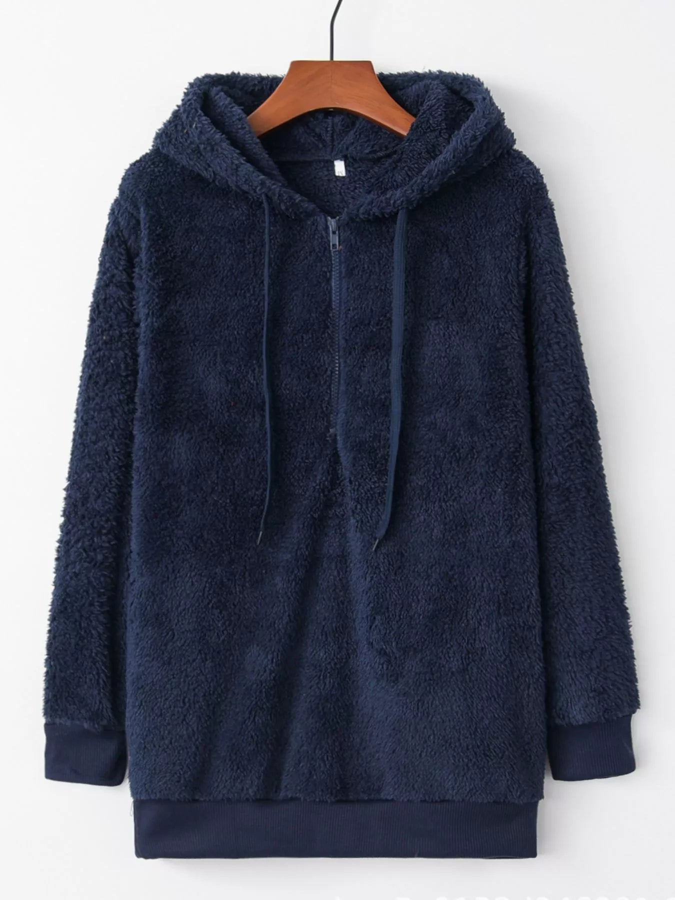 Full Size Half Zip Drawstring Fleece Hoodie Plus Size Blue OutfitFlow