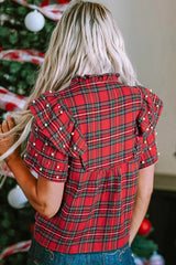 Plaid Pearl-Embellished Tie Neck Blouse Trendsi