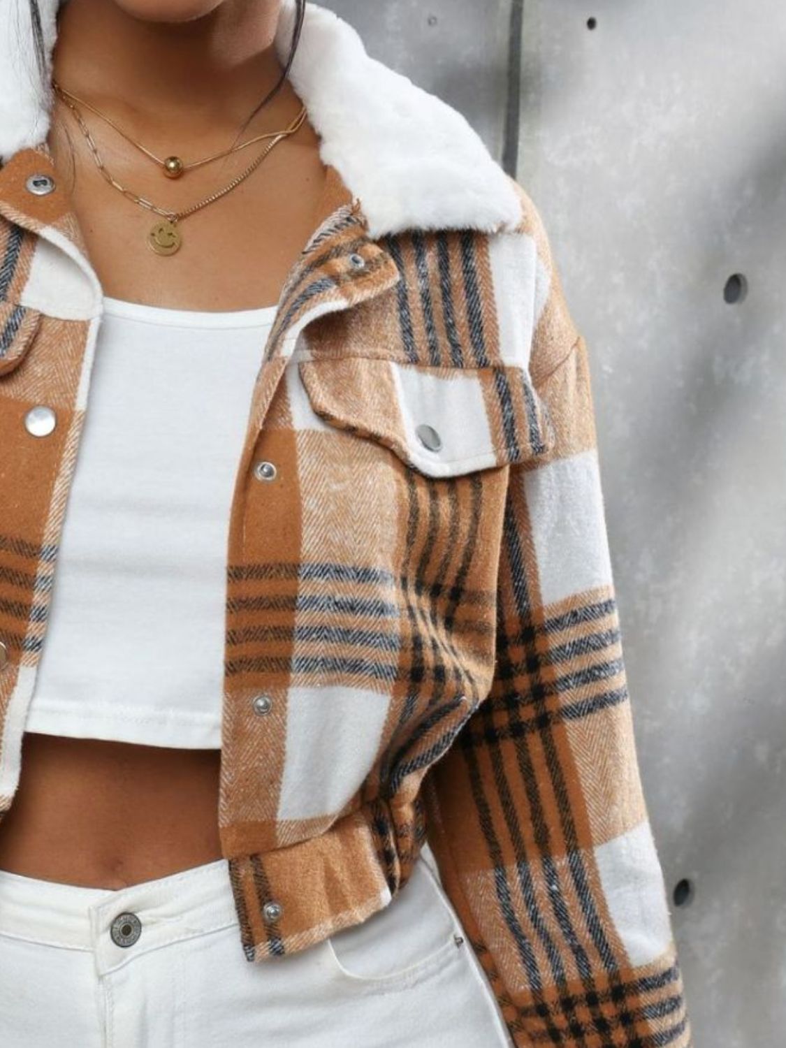 Outfit Flow - Plaid Snap Down Collared Neck Cropped Jacket