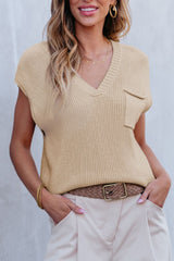 Outfit Flow - Pocketed V-Neck Cap Sleeve Sweater