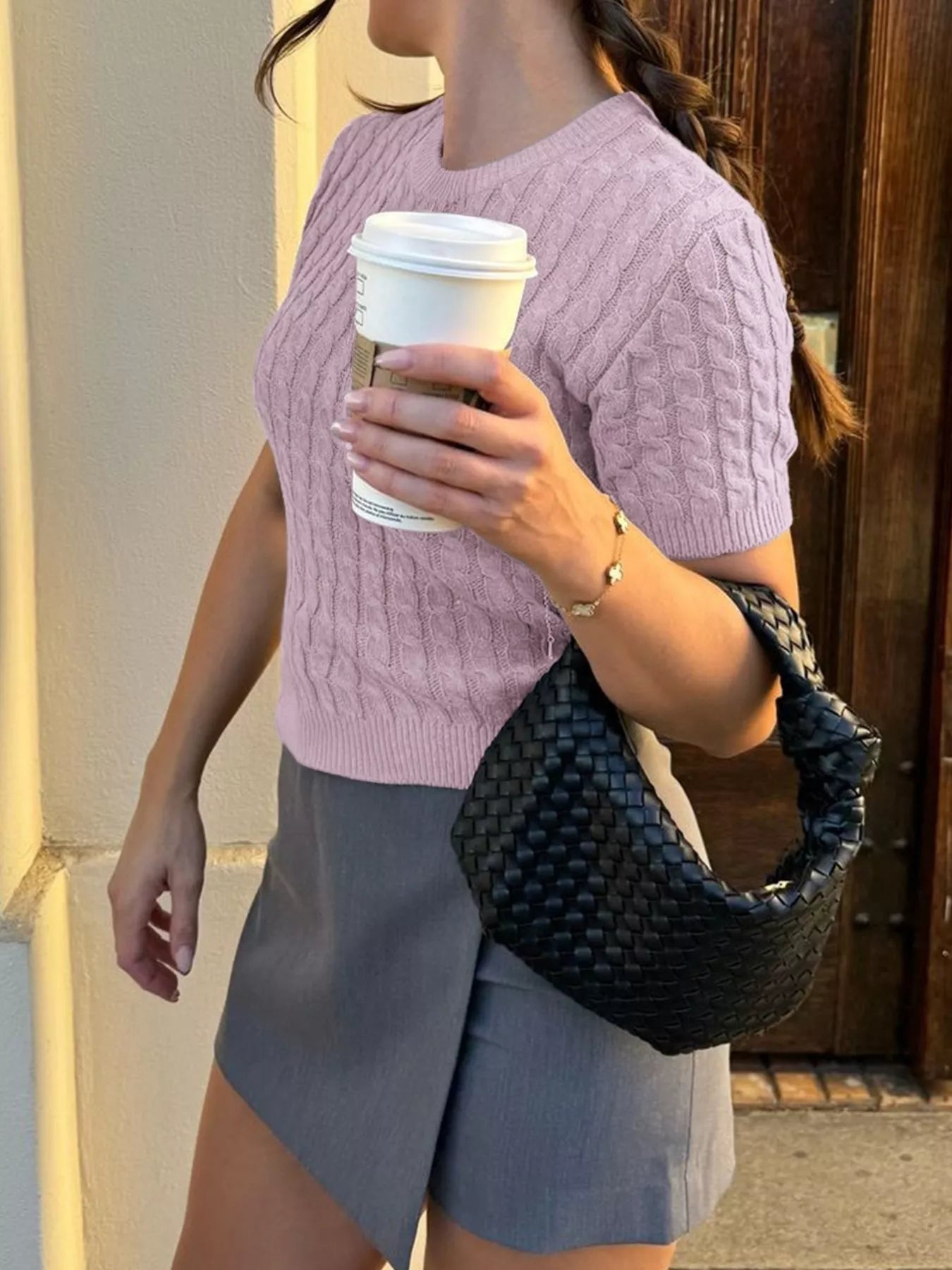 Cable-Knit Short Sleeve Sweater Trendsi