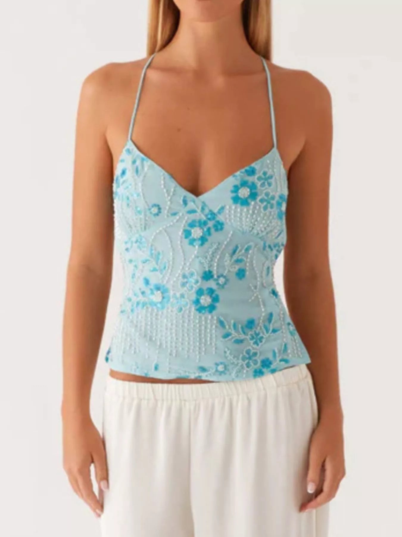 Embroidered Sequin Tie Back Cami OutfitFlow