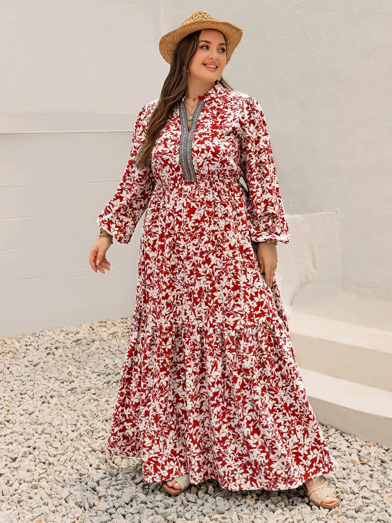 Plus Size Floral Print Long Sleeve Maxi Dress OutfitFlow