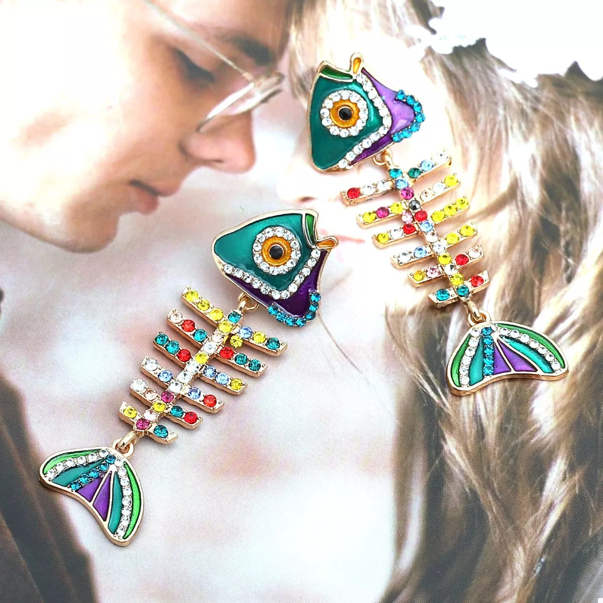 Rhinestone Colorful Fish Bone Statement Earrings OutfitFlow