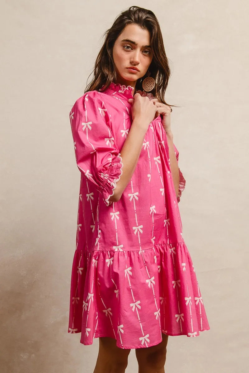 BiBi Ribbon Patterns With Scallops Edge Details Short Sleeve Dress OutfitFlow