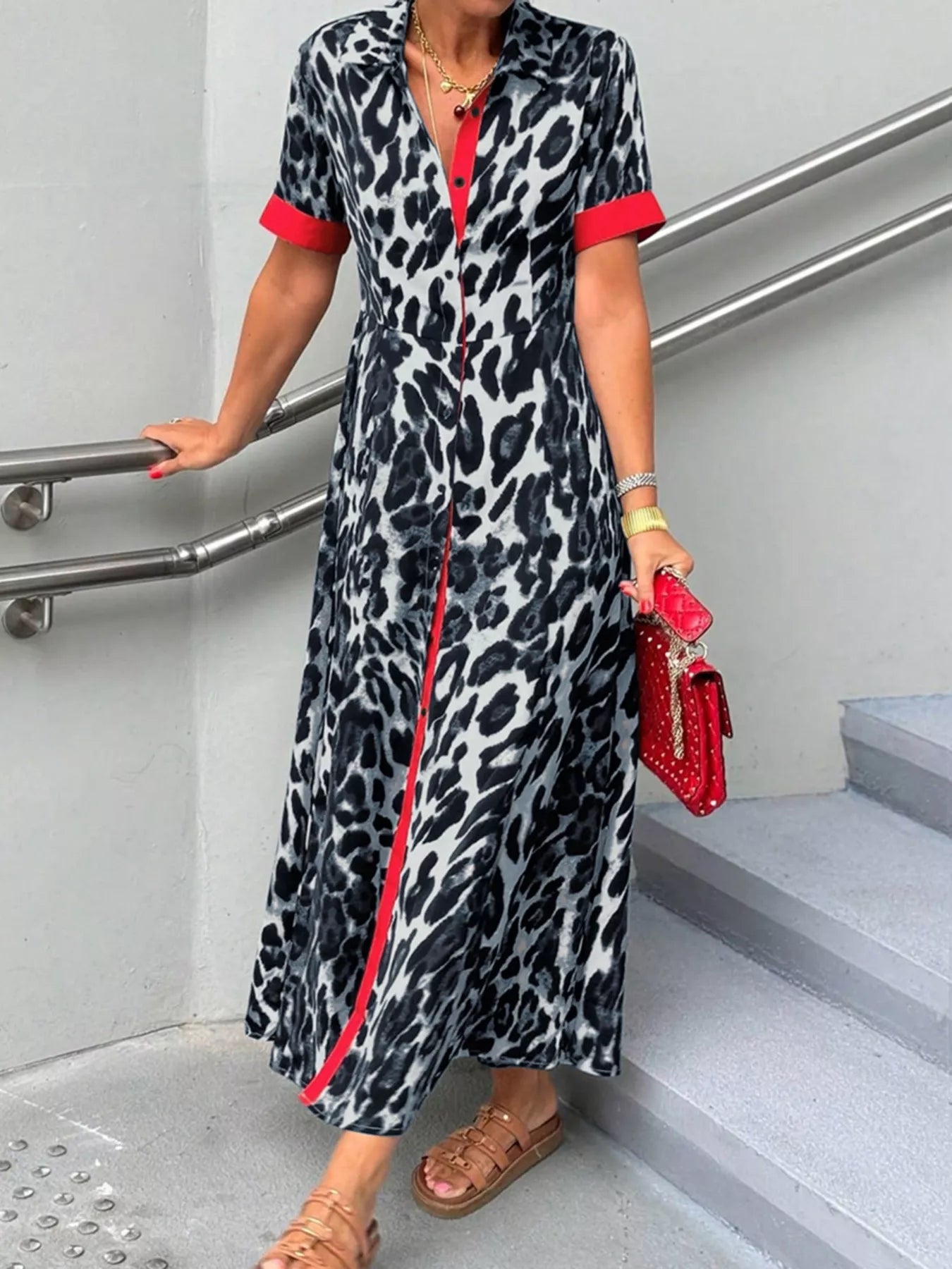 Leopard Print Button-Down Dress with Contrast Trim OutfitFlow