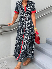 Leopard Print Button-Down Dress with Contrast Trim OutfitFlow