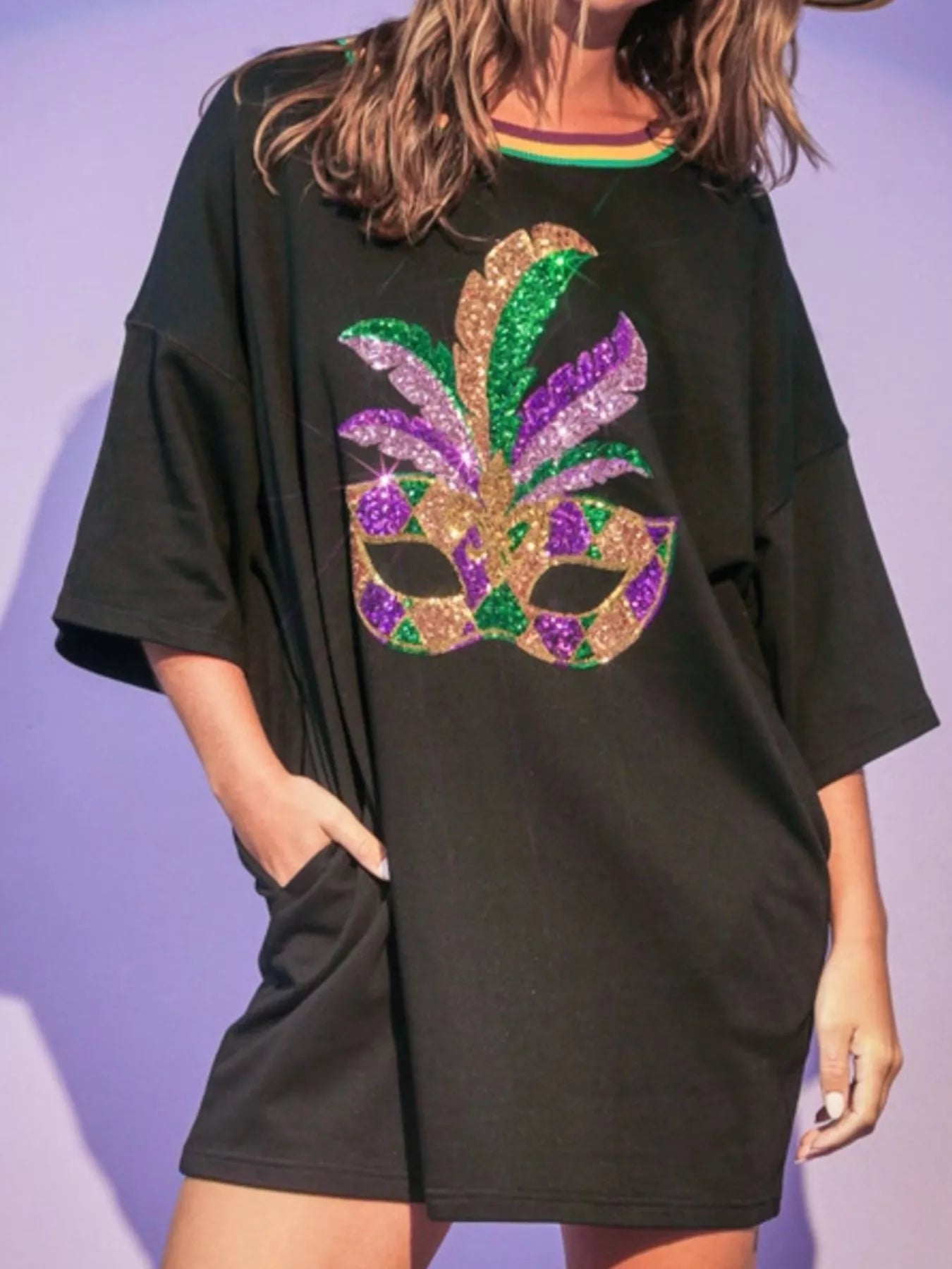 Sequin Round Neck 3/4 Sleeve Dress OutfitFlow